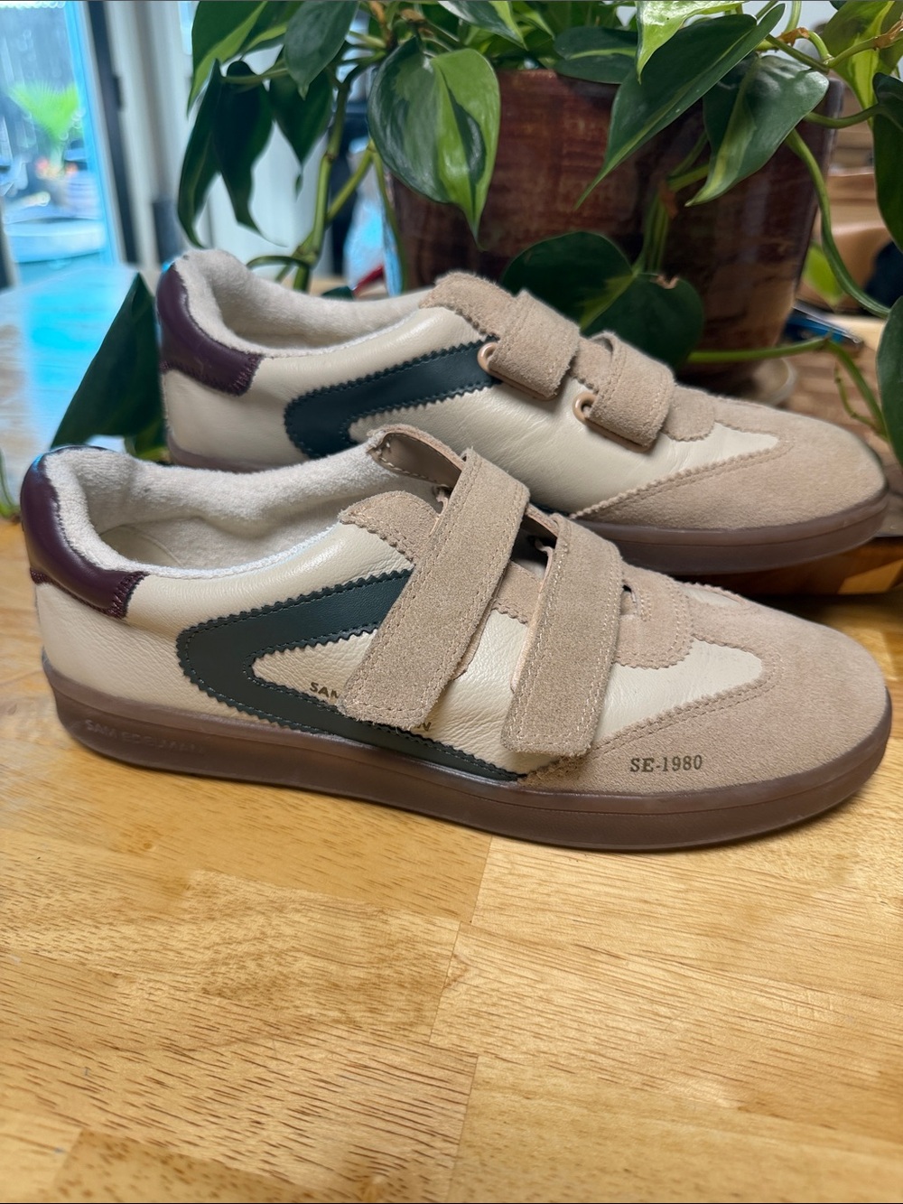 Women’s Sam Edelman Suede Strap Sneakers with Dark Green Accent